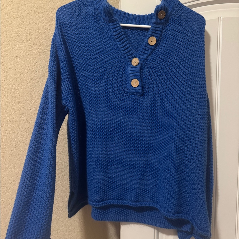 SHEIN Royal Blue V-Neck Sweater with Button Accents
